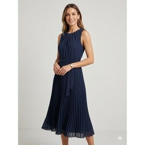 JJ House Classy Elegant Women's Dark Navy Pleated Chiffon Midi Dress Sz 4